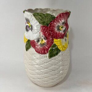 Vtg Fitz Floyd Vase Pansy Parade Ceramic Pottery White Hand Painted 90s